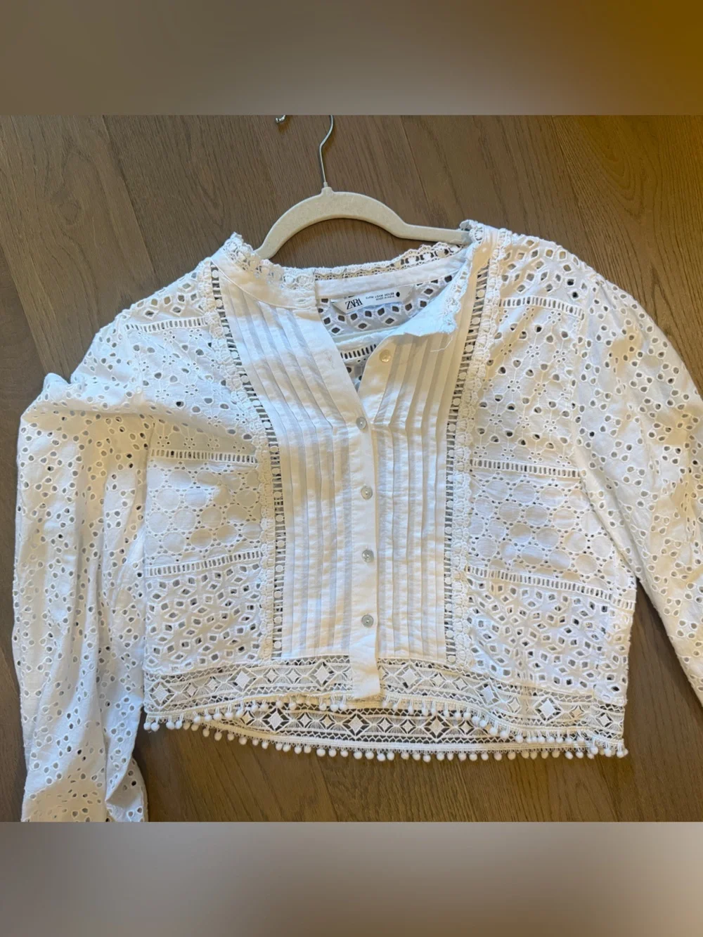 Zara White Eyelet Crochet Pintuck Button-Front Top